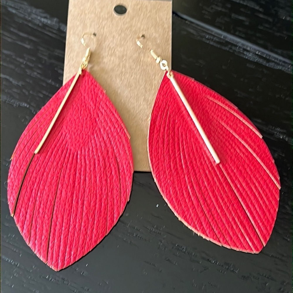 Red Faux Leather Feather earrings-NWT
